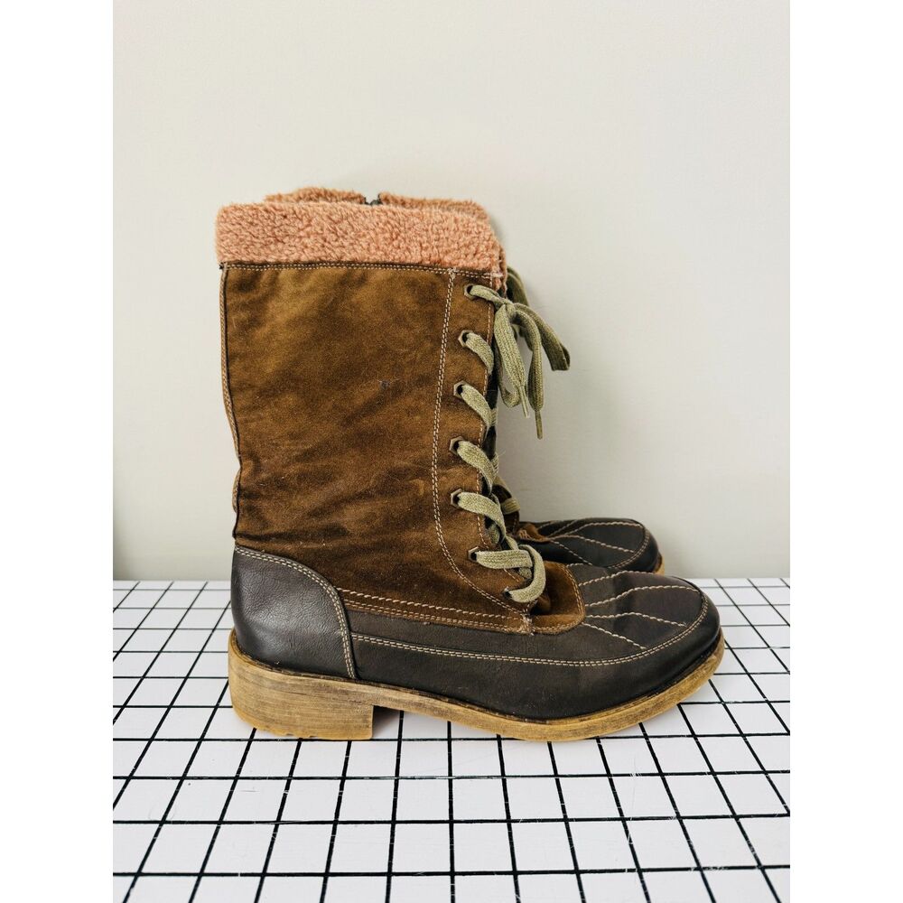 Muk Luks Lori Rugged Hiker Boot Womens 7 Mid Calf Brown Vegan Leather Lace Up In